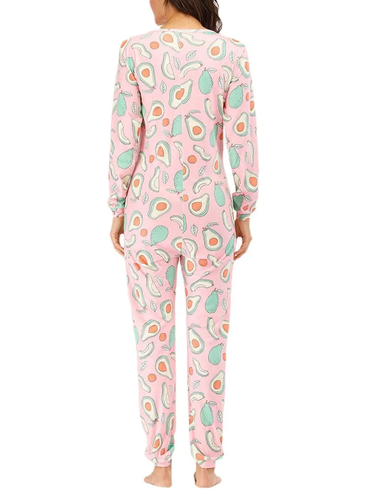 Plus Size Women V-Neck Avocado Print Zipper Long Sleeve Pants Rompers Home Home Onepieces Sleepwear