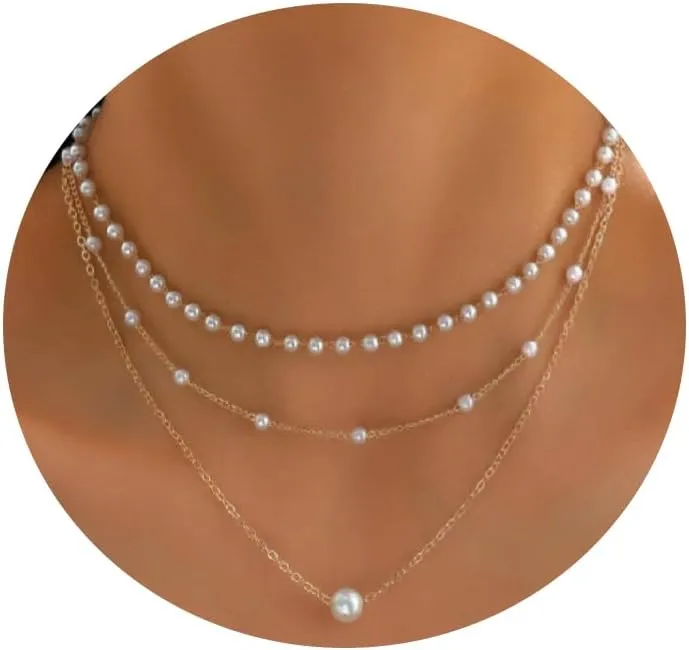 PLwelth Pearl Layered Necklaces 14K Gold Plated Dainty Necklace Cute Pearl Pendant Necklace Chunky Choker Stack Necklace Statement Multilayer Necklace Trendy Jewelry Gifts for Her Birthday Christmas
