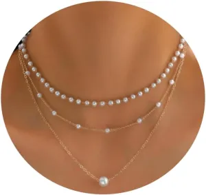PLwelth Pearl Layered Necklaces 14K Gold Plated Dainty Necklace Cute Pearl Pendant Necklace Chunky Choker Stack Necklace Statement Multilayer Necklace Trendy Jewelry Gifts for Her Birthday Christmas