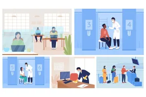Post covid safety flat color vector illustration set