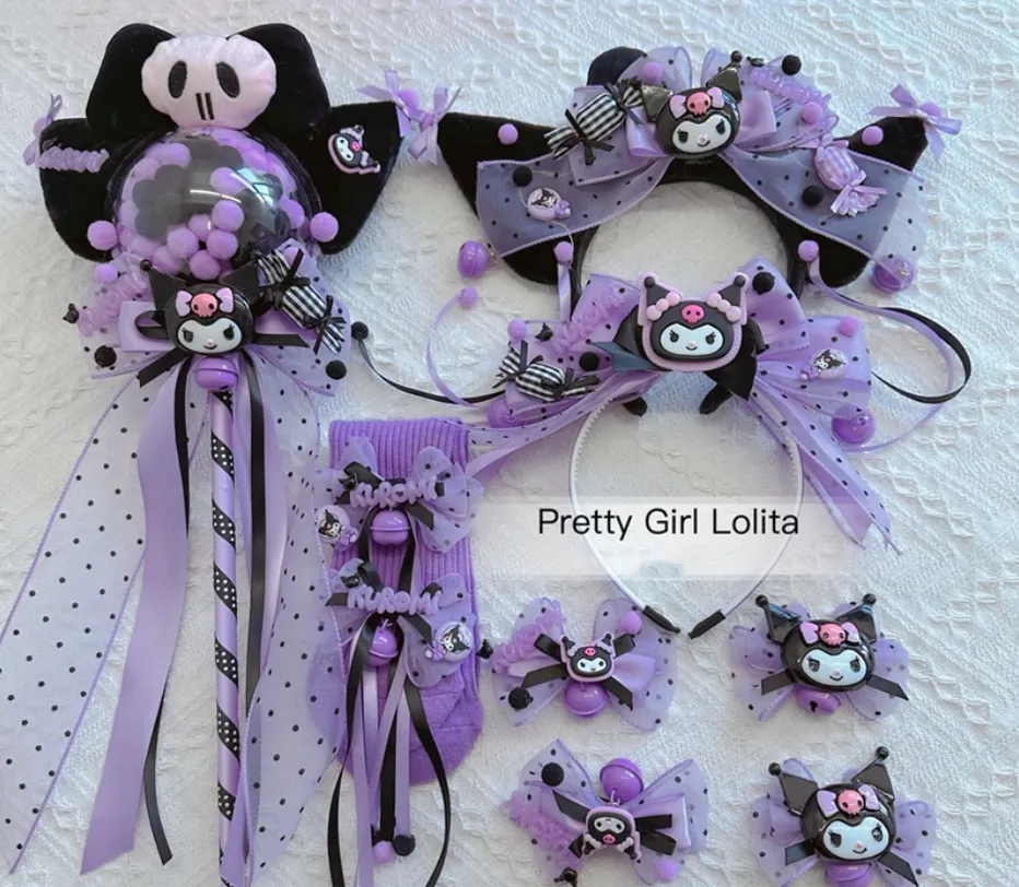 Pretty Girl Lolita~Purple Black Cartoon Kulomi~Kid Lolita Accessory Clips and Cane