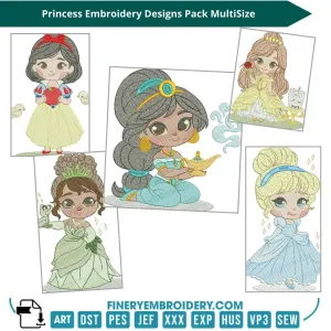 Princess Embroidery Designs Pack: Bella, Snow White, Cinderella, Jasmine & Tiana