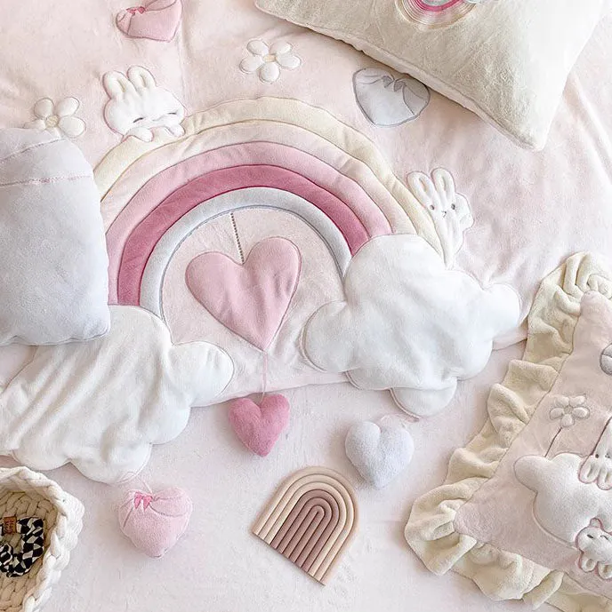 Princess Rainbow Heart Cartoon Cute Coral Velvet Four-Piece Bed Set