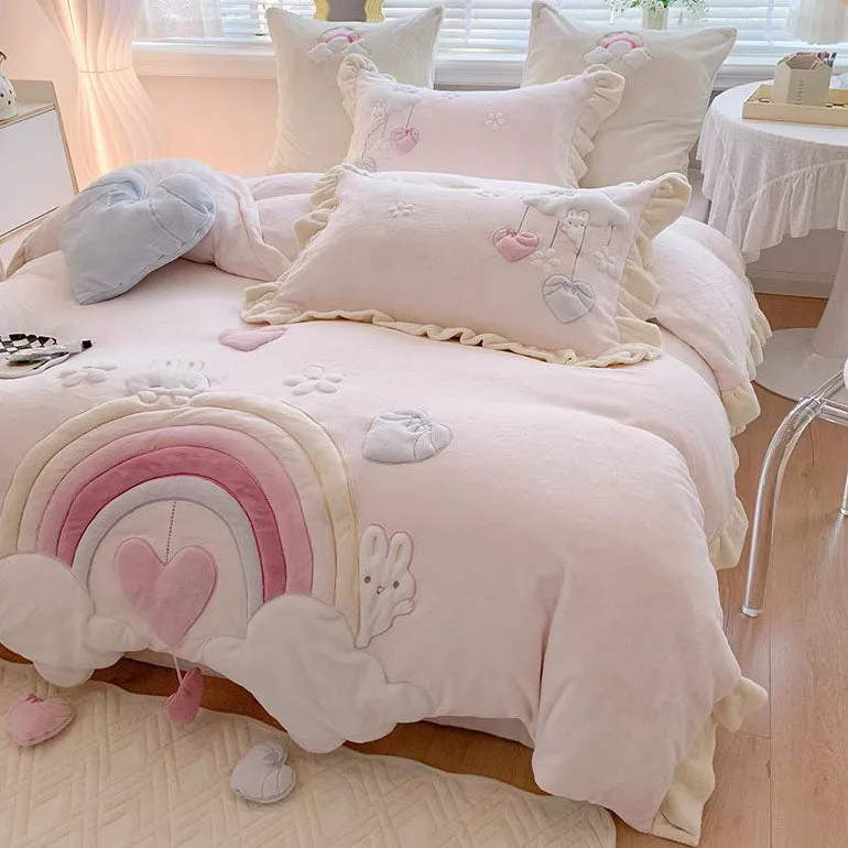 Princess Rainbow Heart Cartoon Cute Coral Velvet Four-Piece Bed Set
