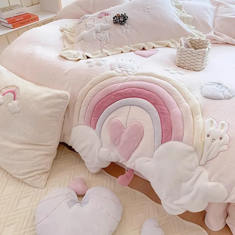 Princess Rainbow Heart Cartoon Cute Coral Velvet Four-Piece Bed Set