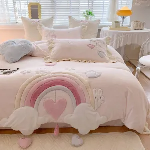 Princess Rainbow Heart Cartoon Cute Coral Velvet Four-Piece Bed Set