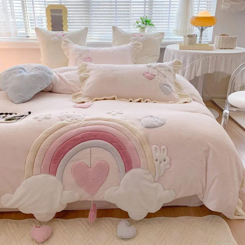 Princess Rainbow Heart Cartoon Cute Coral Velvet Four-Piece Bed Set