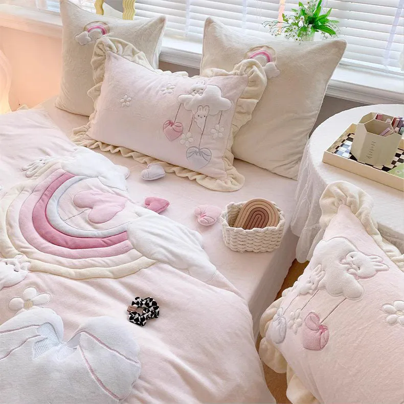 Princess Rainbow Heart Cartoon Cute Coral Velvet Four-Piece Bed Set