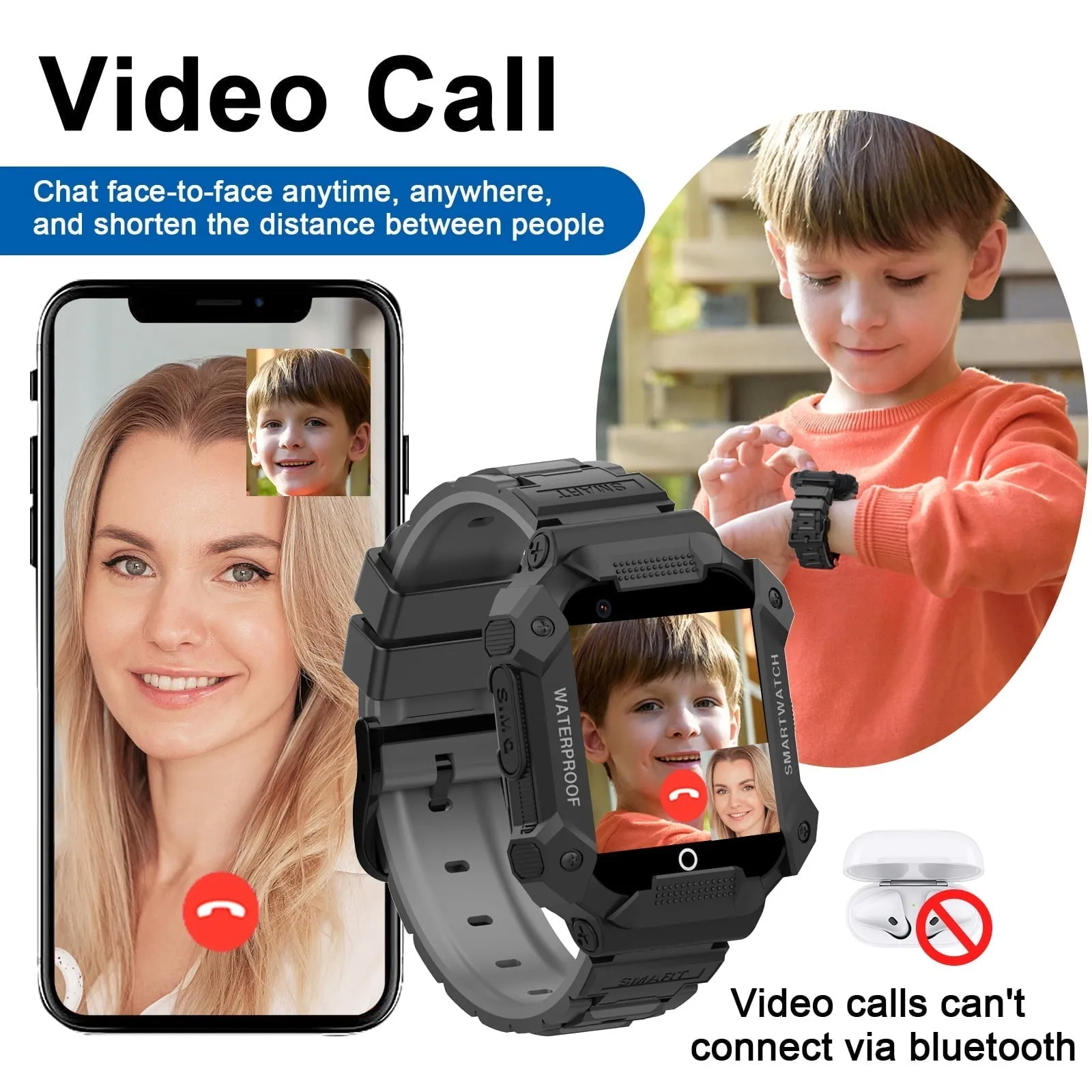 PTHTECHUS S07 Smart Watch for Boys Girls Smartwatch for Kids with 4G SIM GPS Video Call Pedometer MP3 Flashlights Calculator Alarm Clock Children Touch Screen Black