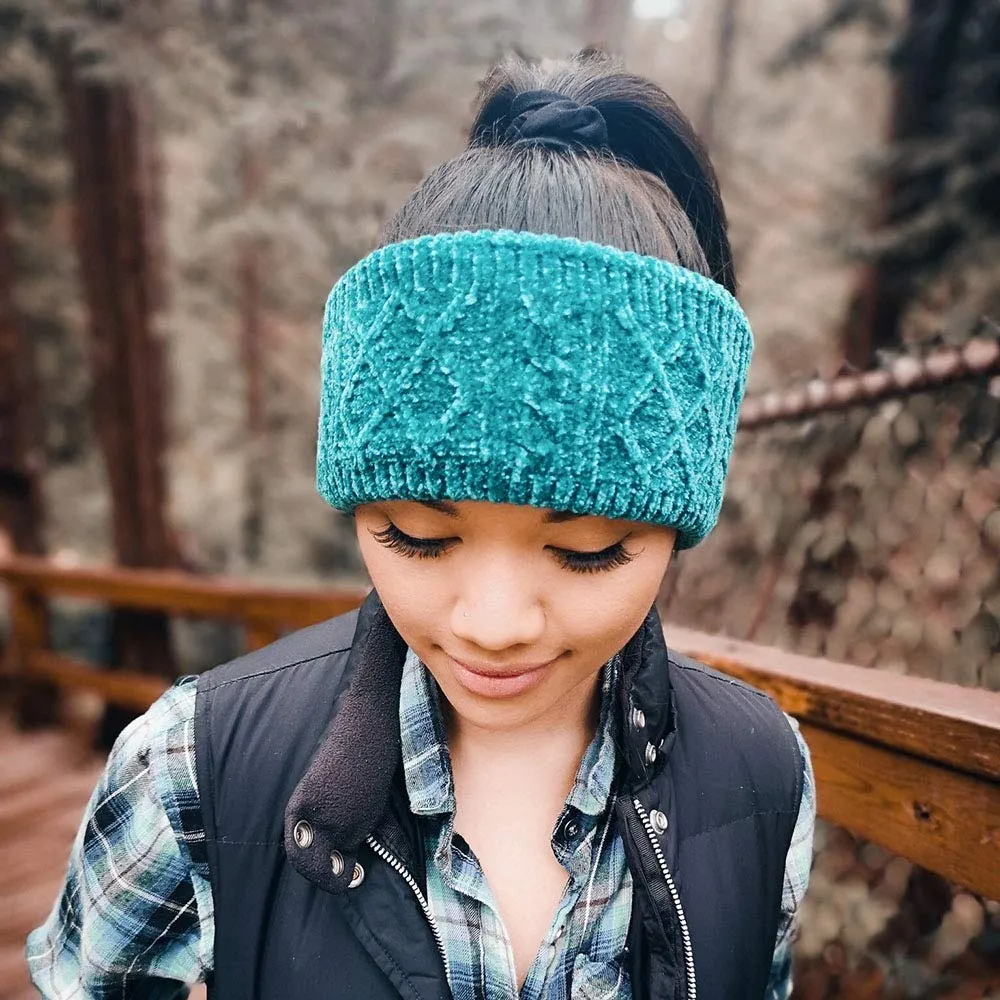 Pudus Winter Headbands for Women - Chenille Cable Knit Ear Warmer Headwrap Headband with Warm Faux Fur Fleece Lining