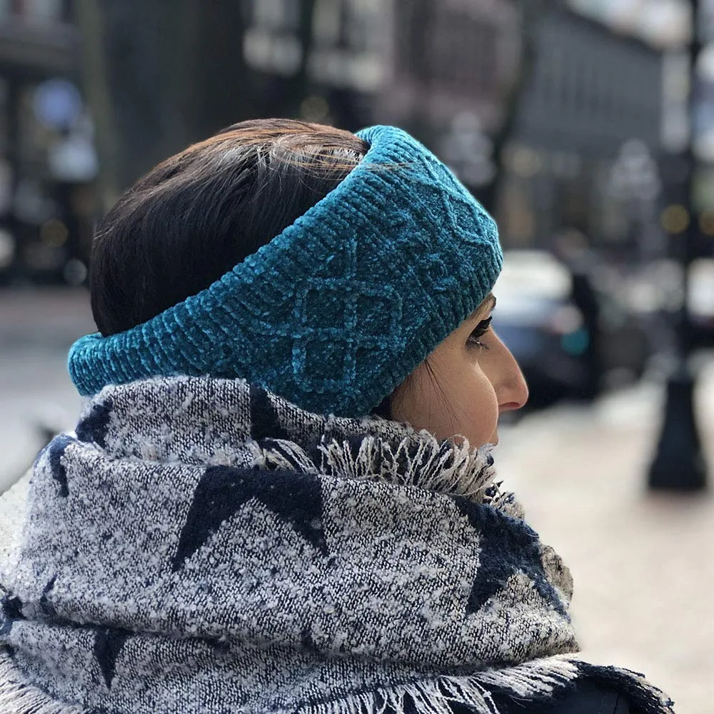 Pudus Winter Headbands for Women - Chenille Cable Knit Ear Warmer Headwrap Headband with Warm Faux Fur Fleece Lining