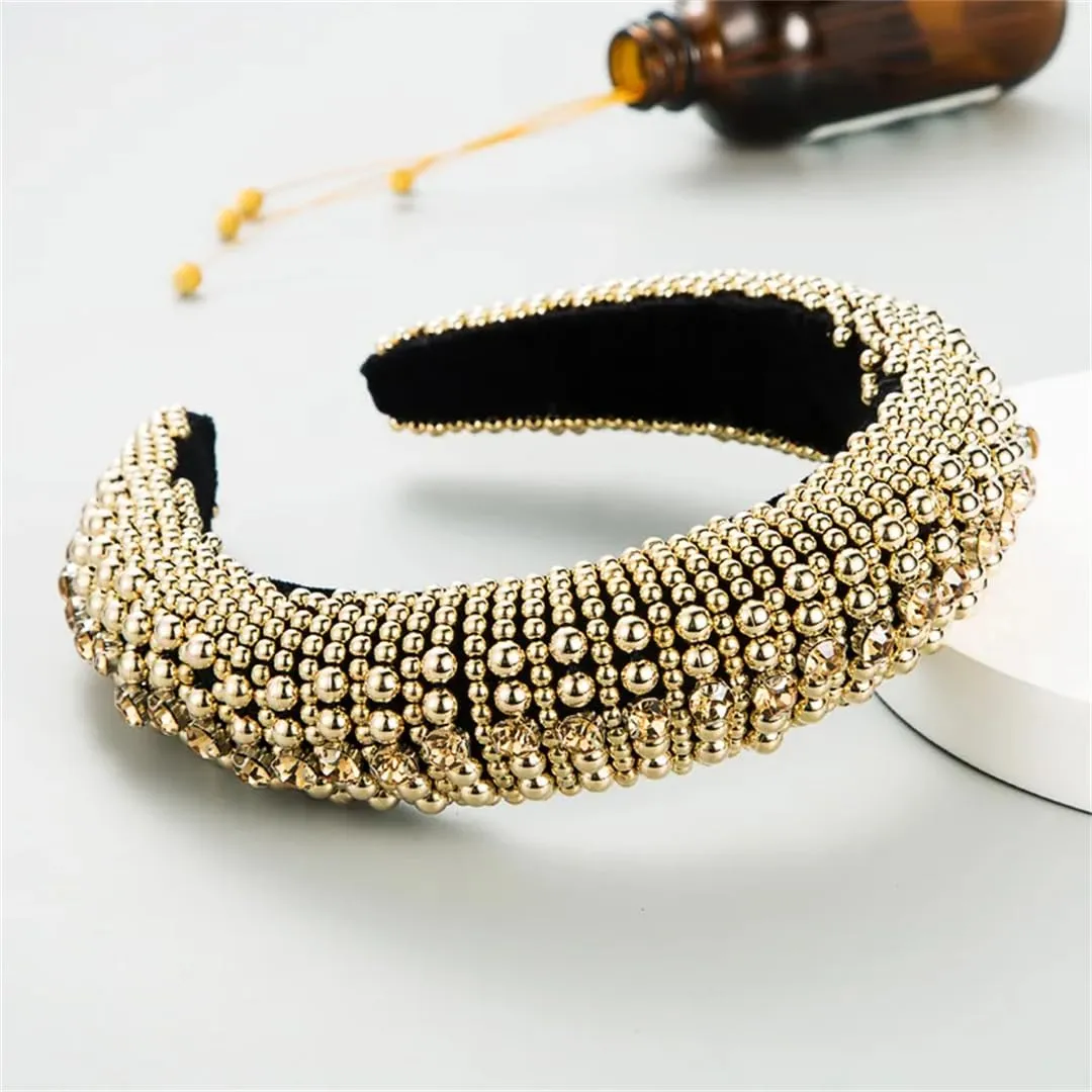 Pulcykp Women Pearl Decoration Hair Band Rhinestone Headband Casual Headwear Hair Accessories Fg145-Gold