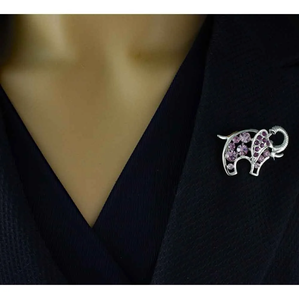 Purple Crystal Elephant with Raised Trunk Brooch Pin - PRA536A
