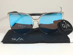 Quay Sorority Princess Sunglasses Large Cat Eye Silver Metal Blue Mirror Lens QW000162 SLV BLUE