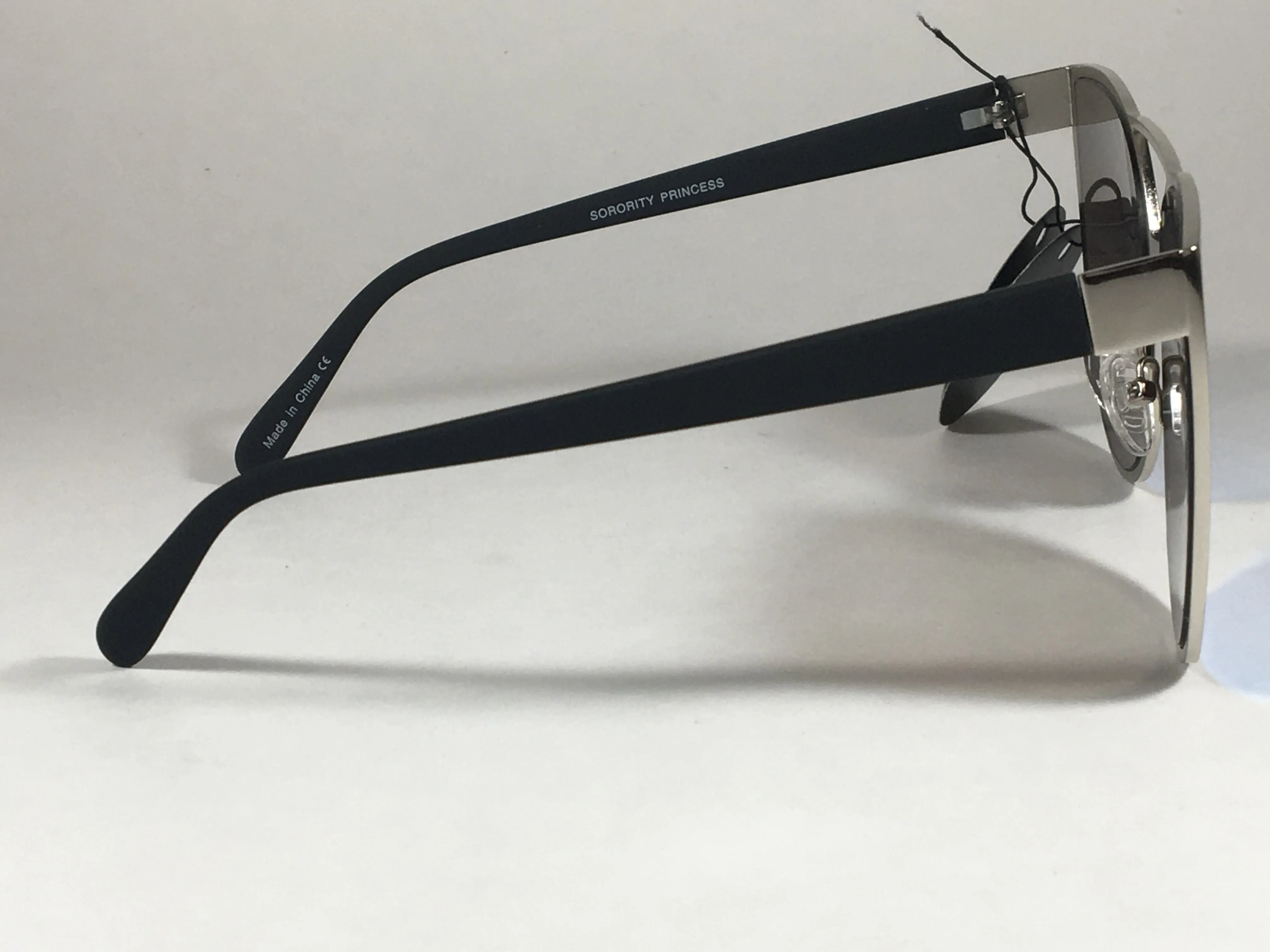 Quay Sorority Princess Sunglasses Large Cat Eye Silver Metal Blue Mirror Lens QW000162 SLV BLUE