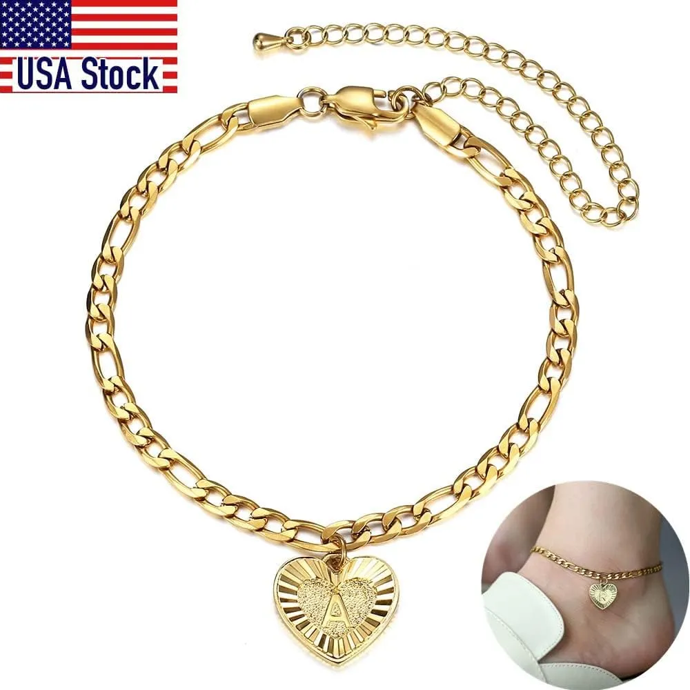 R- Z Heart Alphabet Leg Bracelet For Women Gold Color Stainless Steel Summer Friendship Gifts Letter Initial Anklet (J)