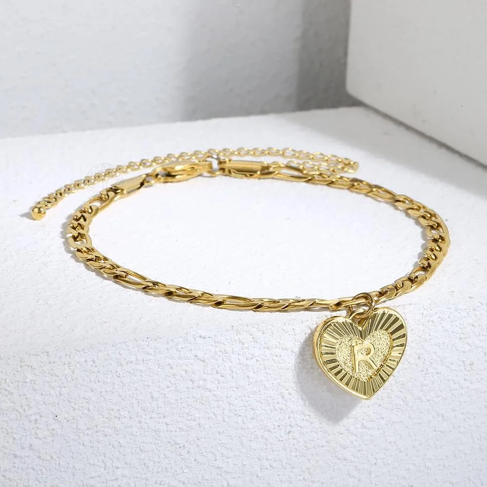R- Z Heart Alphabet Leg Bracelet For Women Gold Color Stainless Steel Summer Friendship Gifts Letter Initial Anklet (J)
