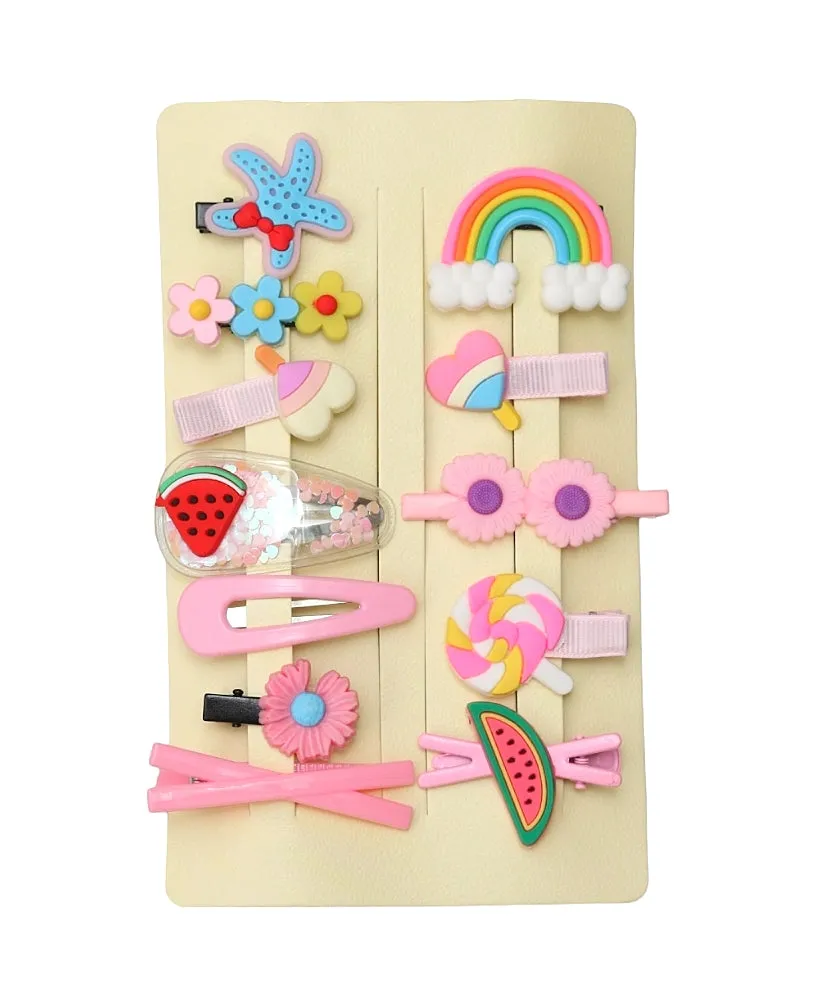 Rainbow, Fruits, Flowers and Heart Clips for Girls - Pack of 2, Pink and Yellow