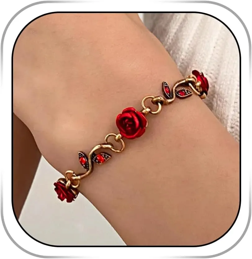 Red Rose Bracelet Vintage Flower Bracelets Charm rhinestones Earring Adjustable Jewelry for Women