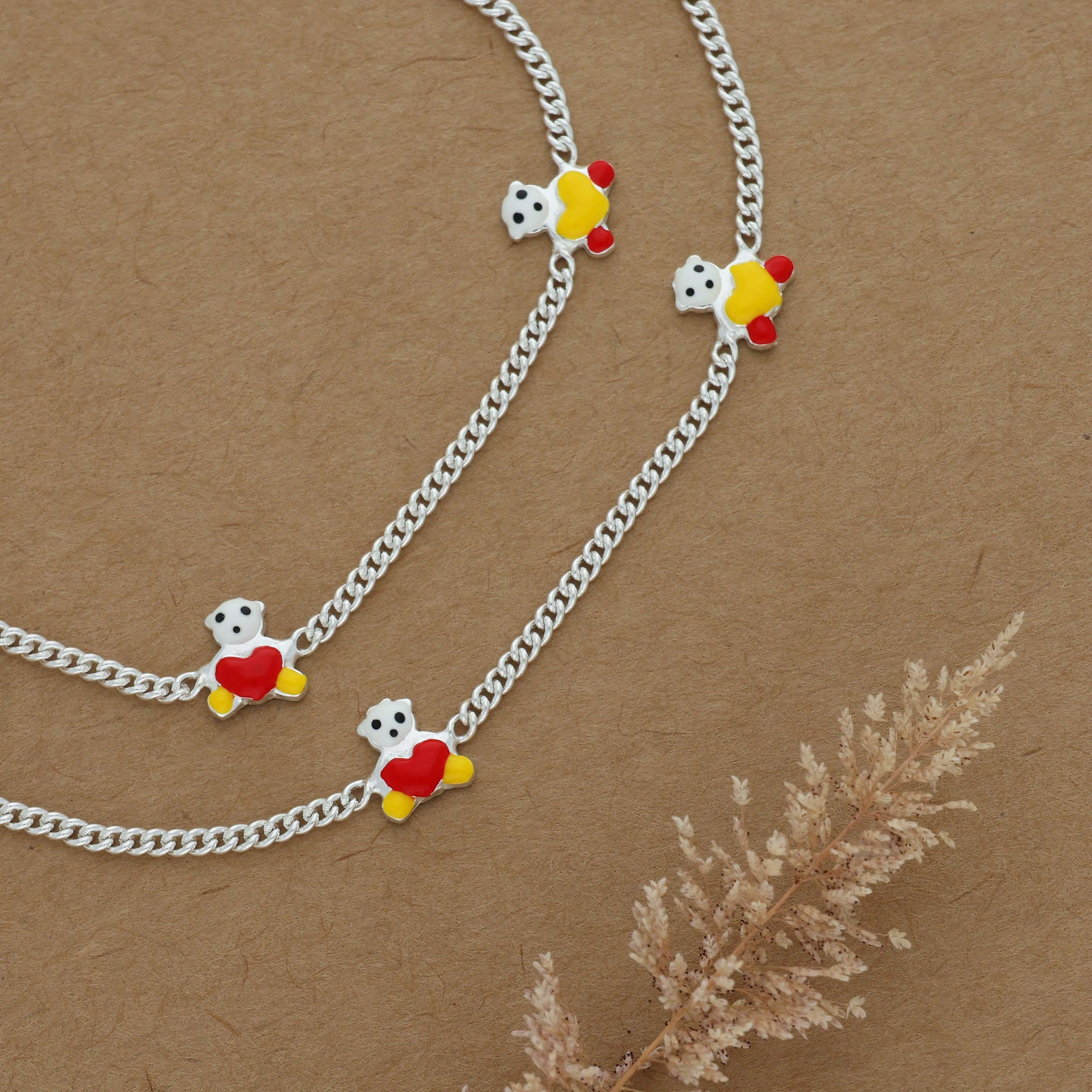 Red Teddy Silver Kid Anklet(Pair)