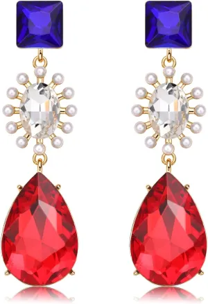 Red White Blue Earrings Austrian Crystal Teardrop Earrings Embellished Pearl 4th of July Dangle Earrings for Women’s Vintage Red Blue Wedding Jewelry