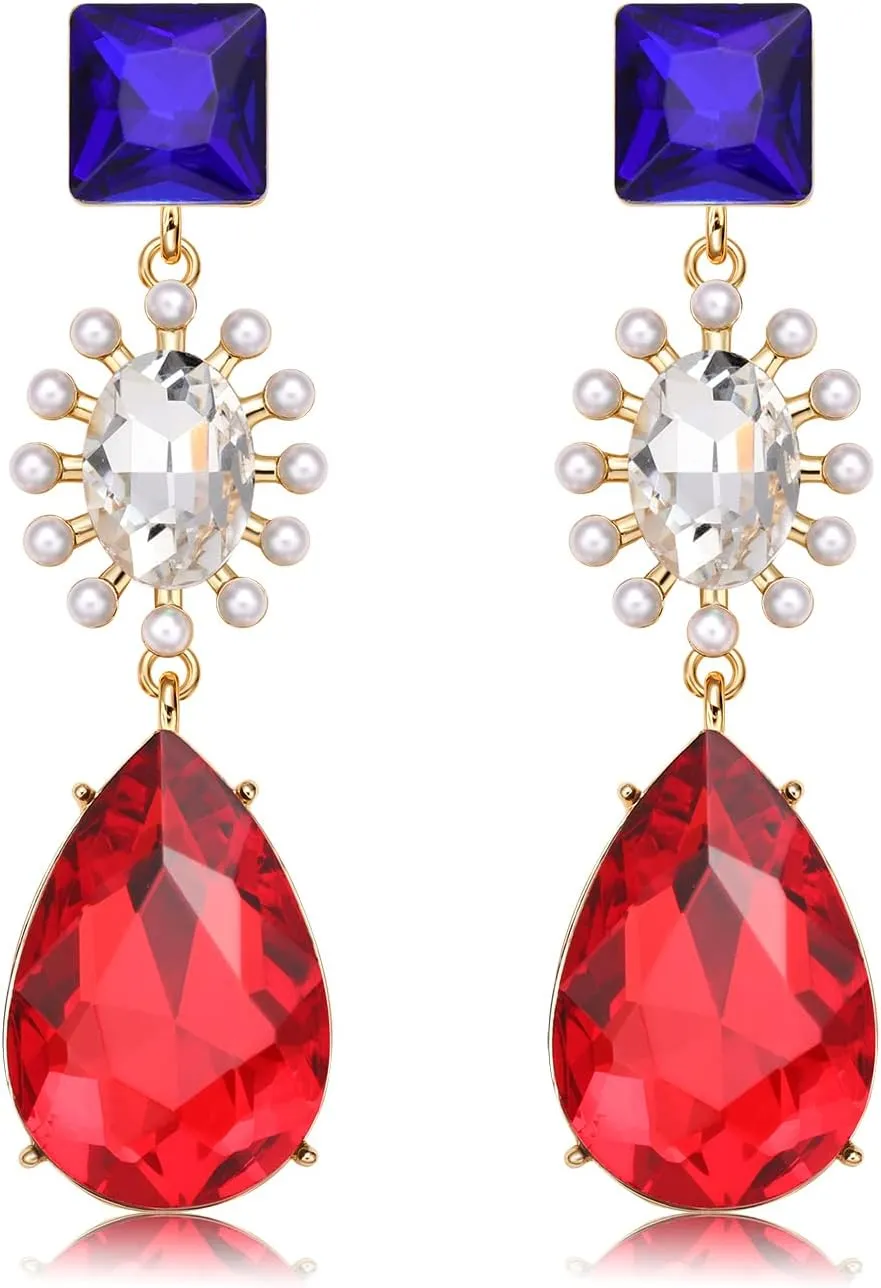 Red White Blue Earrings Austrian Crystal Teardrop Earrings Embellished Pearl 4th of July Dangle Earrings for Women’s Vintage Red Blue Wedding Jewelry