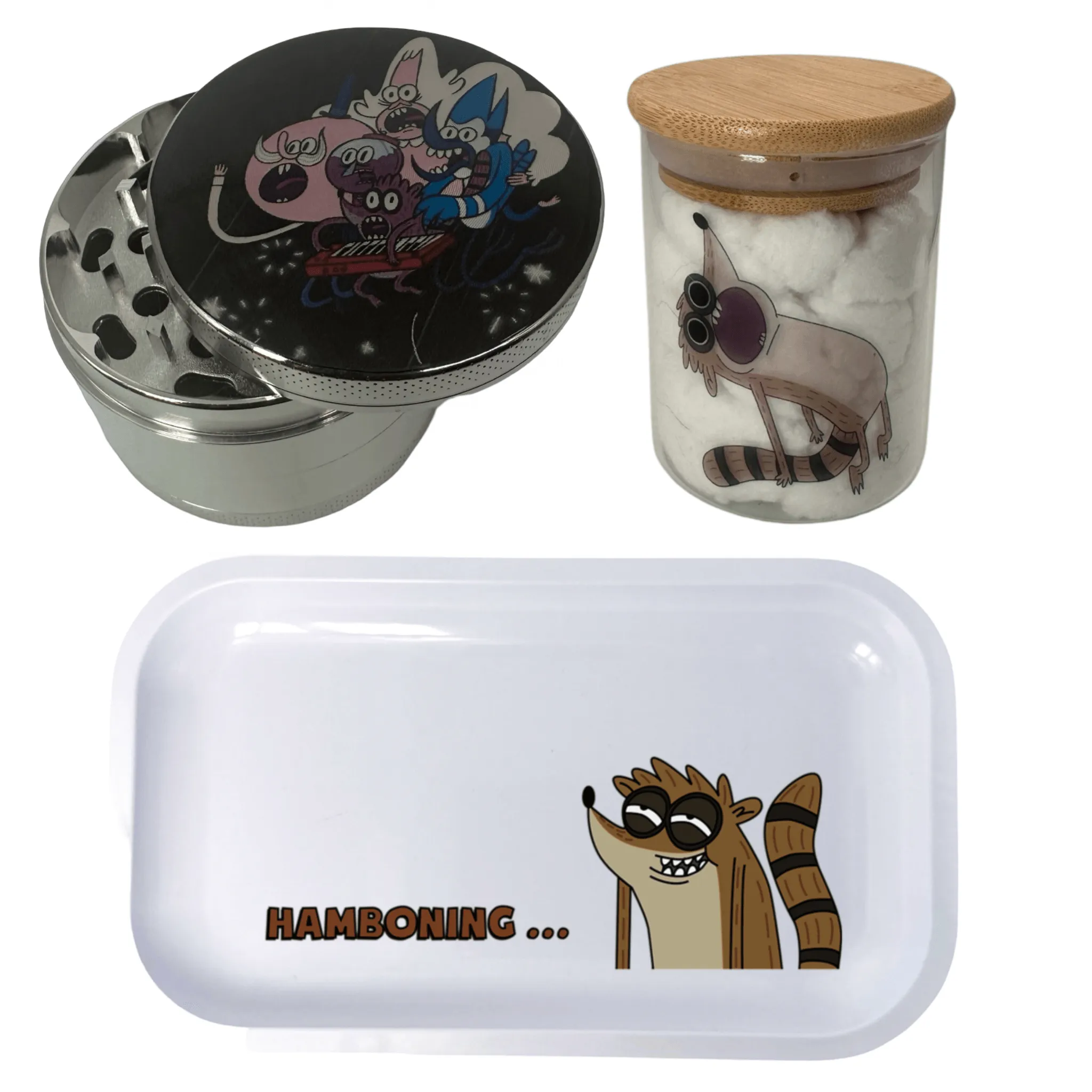 Regular Show Cartoon Spice Grinder, Stash Jar, Rolling Tray Set