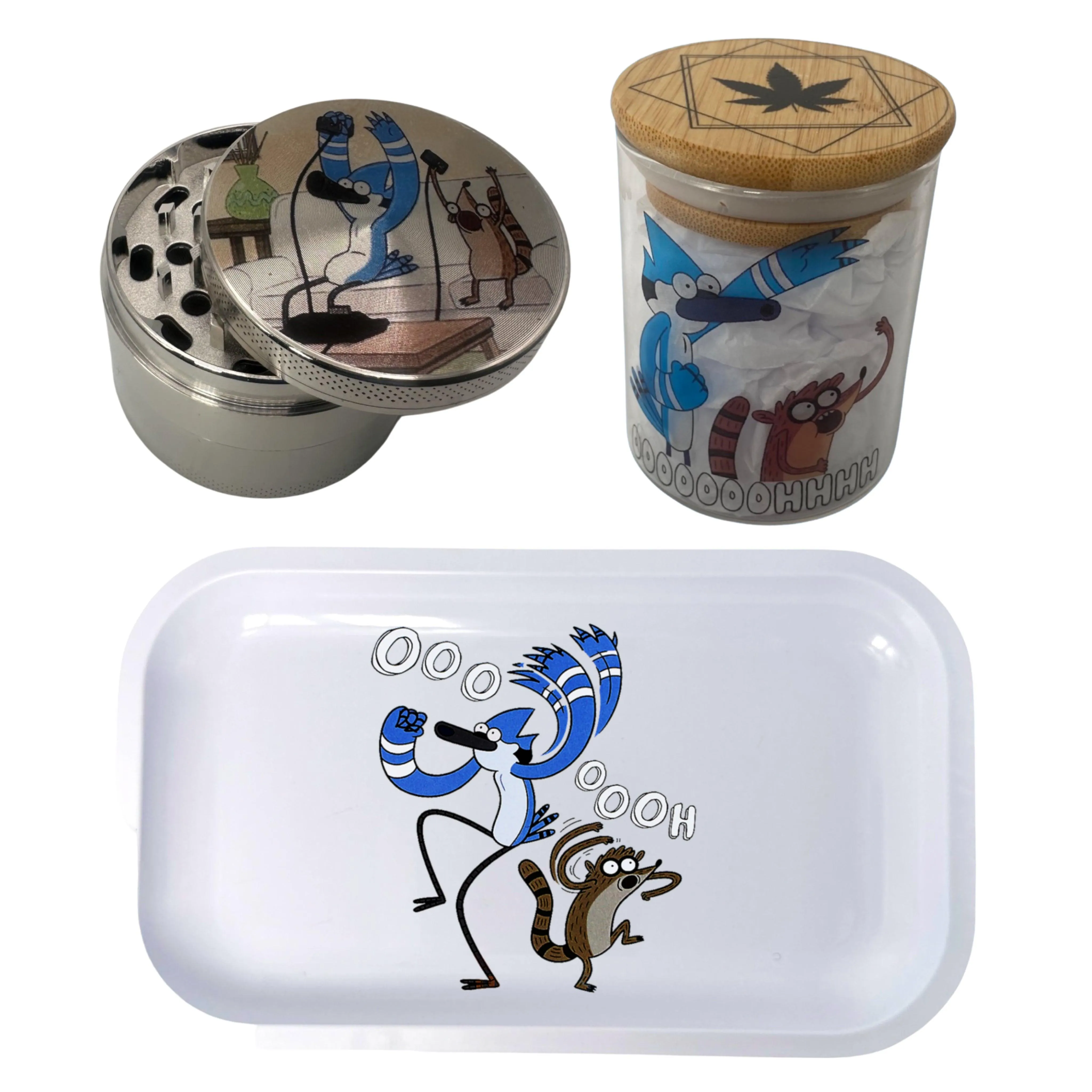 Regular Show Cartoon Spice Grinder, Stash Jar, Rolling Tray Set