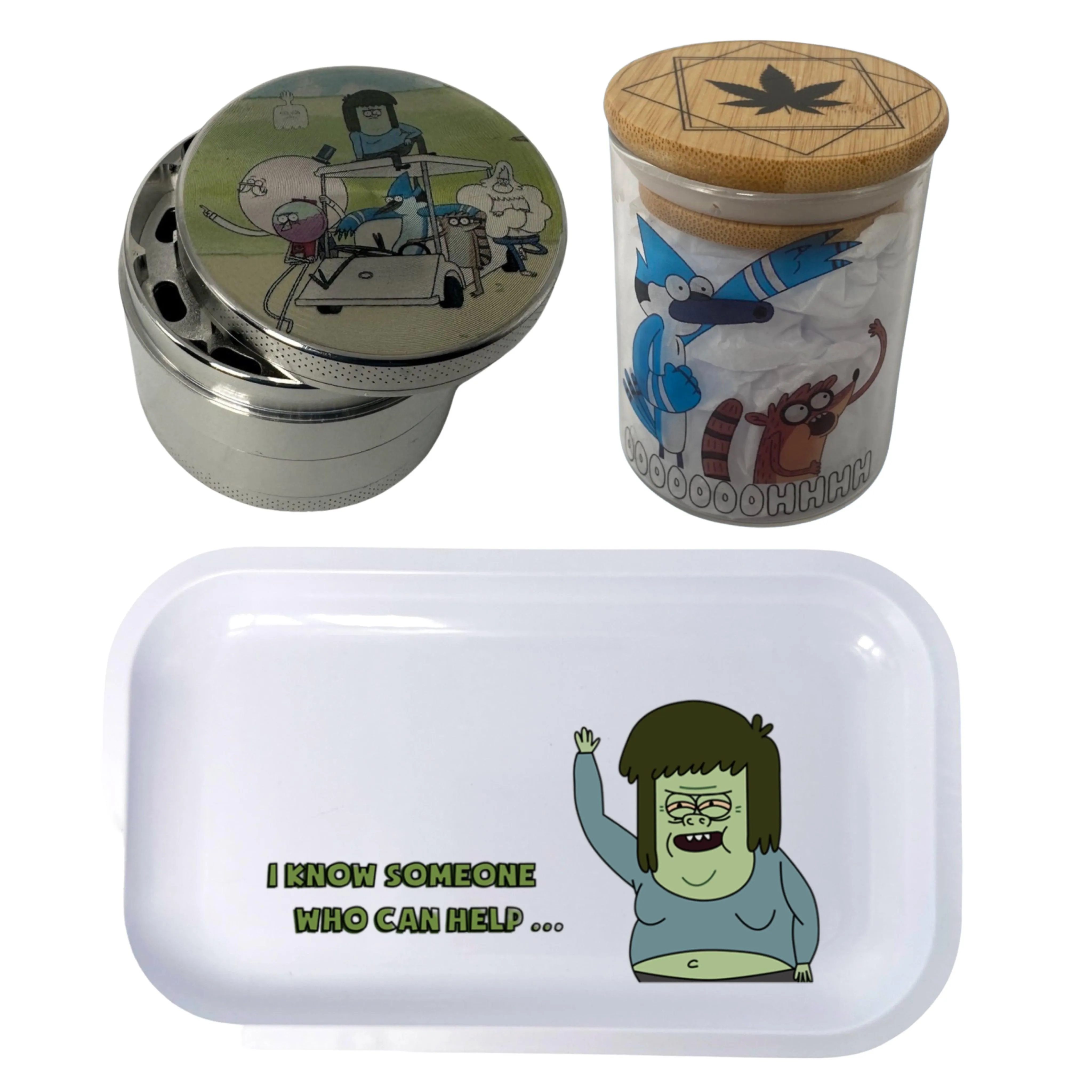 Regular Show Cartoon Spice Grinder, Stash Jar, Rolling Tray Set