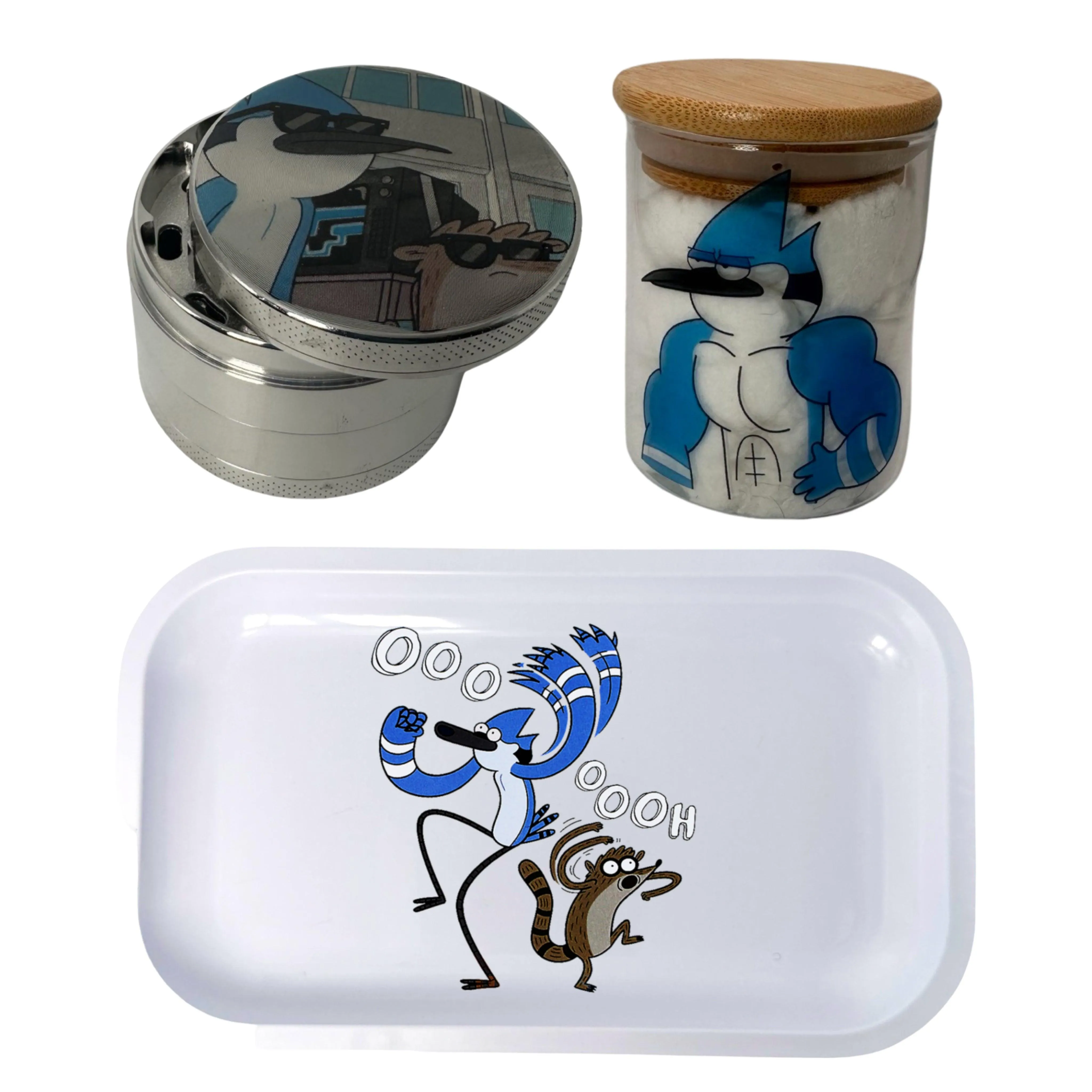 Regular Show Cartoon Spice Grinder, Stash Jar, Rolling Tray Set