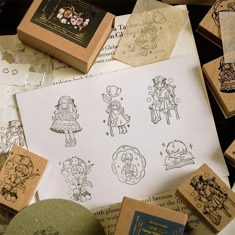 Retro Cute Cartoon Characters Little Boy Girl Wooden Rubber Stamp