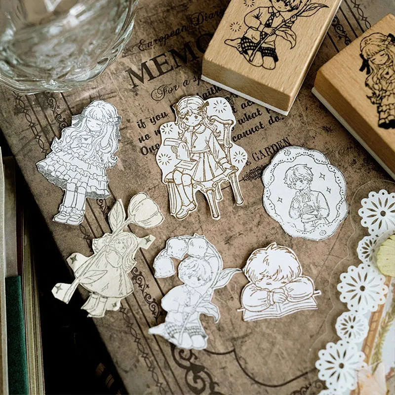 Retro Cute Cartoon Characters Little Boy Girl Wooden Rubber Stamp