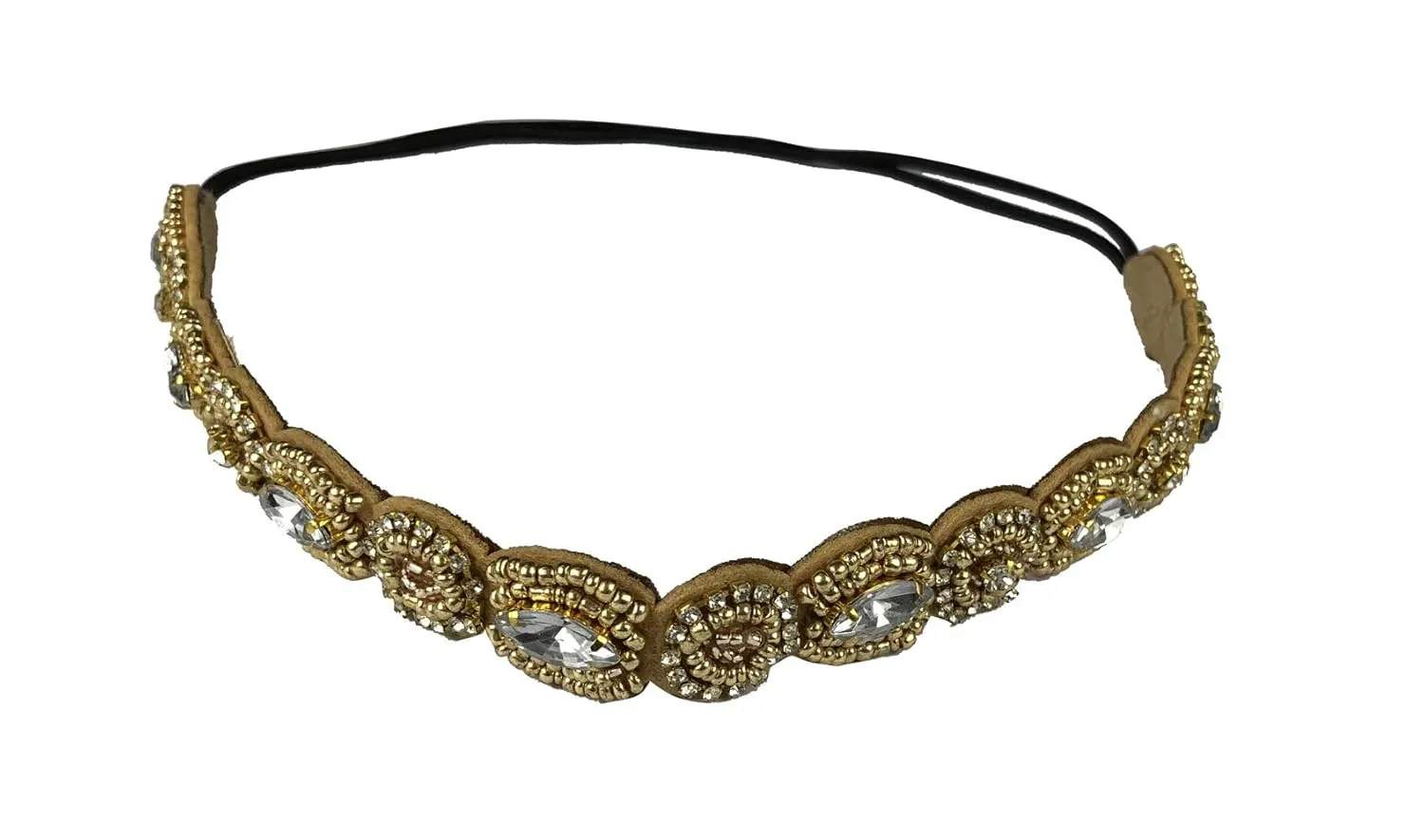 Rhinestone Beaded Headbands - Jewels Workmanship Elastic Non Slip Bands Women Lady Girls Hair Straps Jewelry Accessories (Gold)