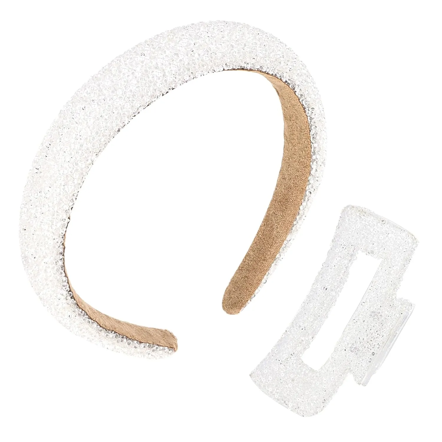 Rhinestone Headband Large Hair Claw Clip, White Crystal Headband Womens Headband Thick Hairbands, Hair Claws Wide Padded Headbands Hair Accessories for Women Girls