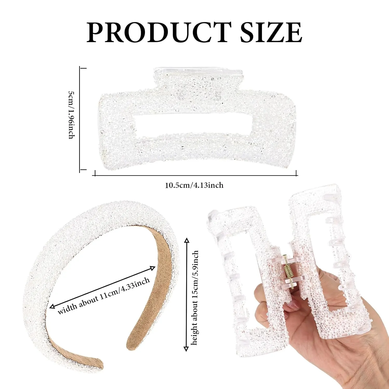 Rhinestone Headband Large Hair Claw Clip, White Crystal Headband Womens Headband Thick Hairbands, Hair Claws Wide Padded Headbands Hair Accessories for Women Girls
