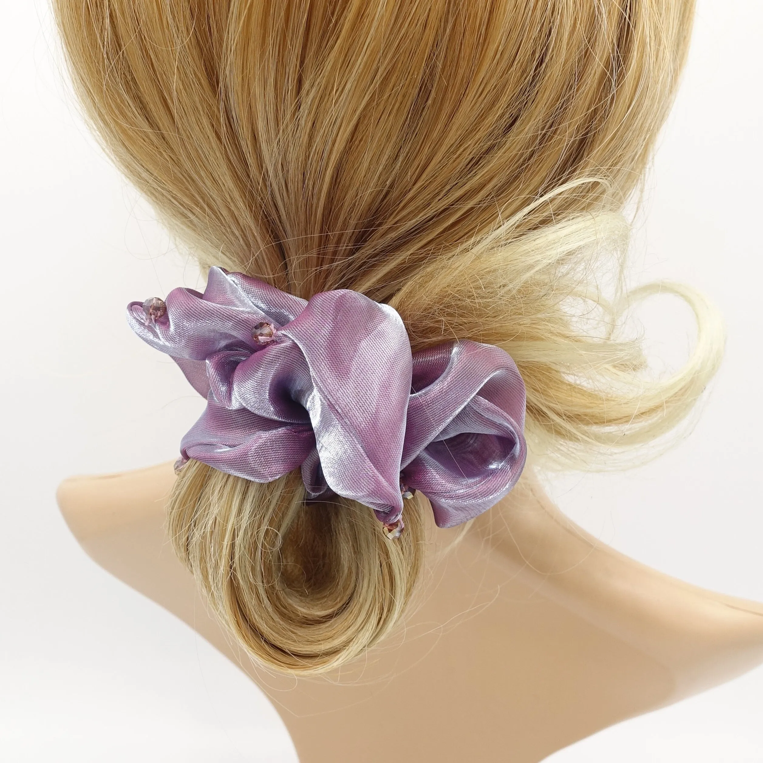 rhinestone sewn organza scrunchies iridescent hair elastic scrunchie for women