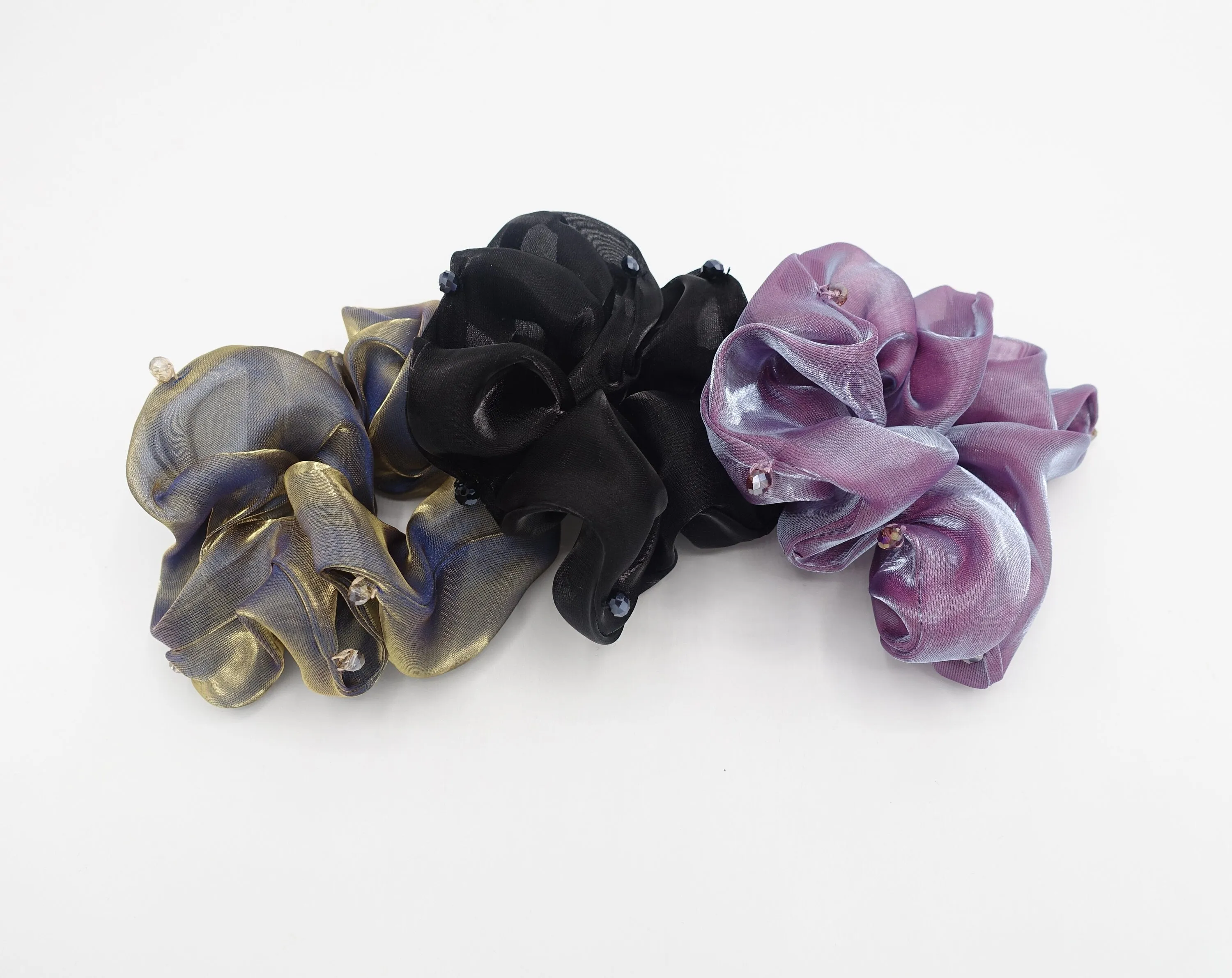 rhinestone sewn organza scrunchies iridescent hair elastic scrunchie for women