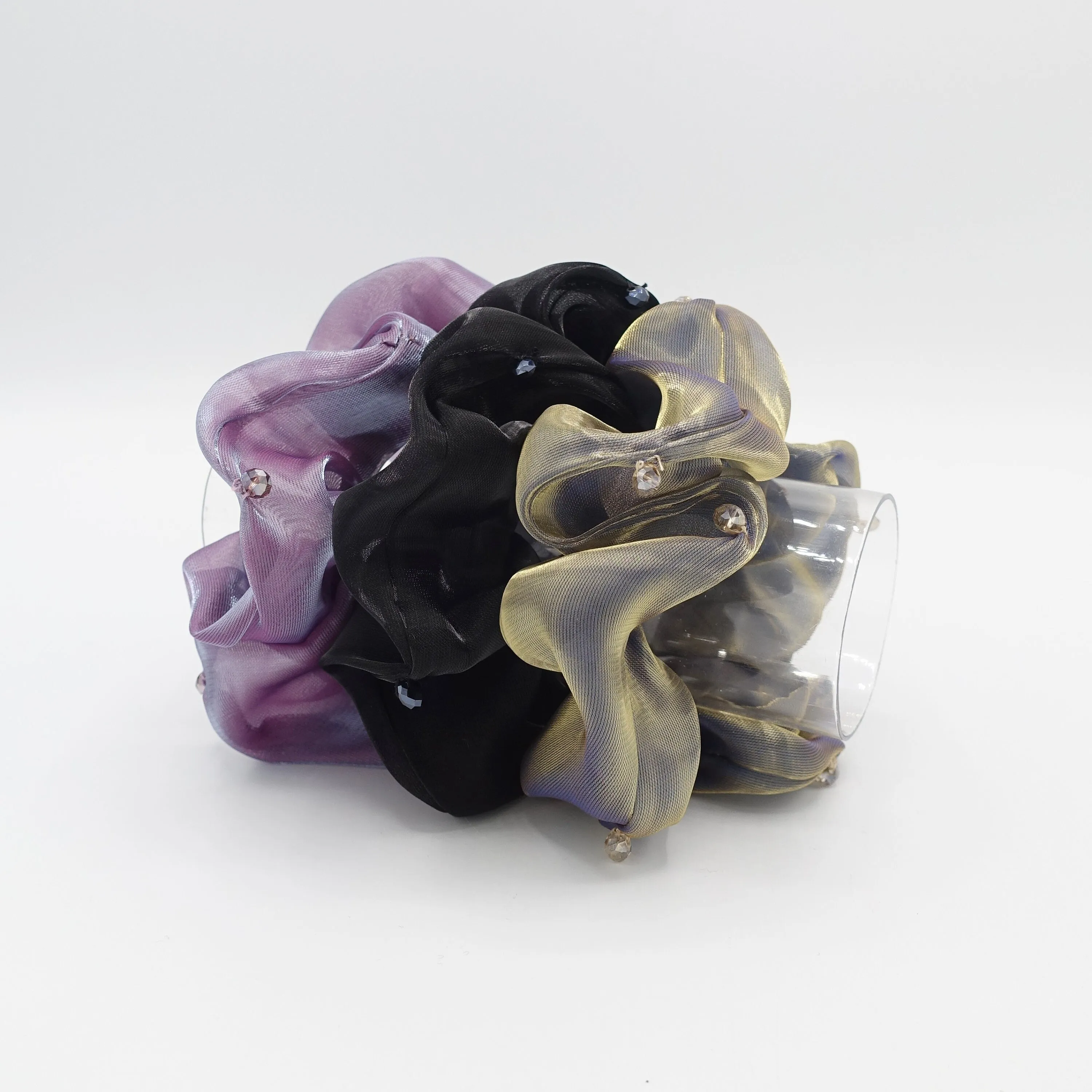 rhinestone sewn organza scrunchies iridescent hair elastic scrunchie for women