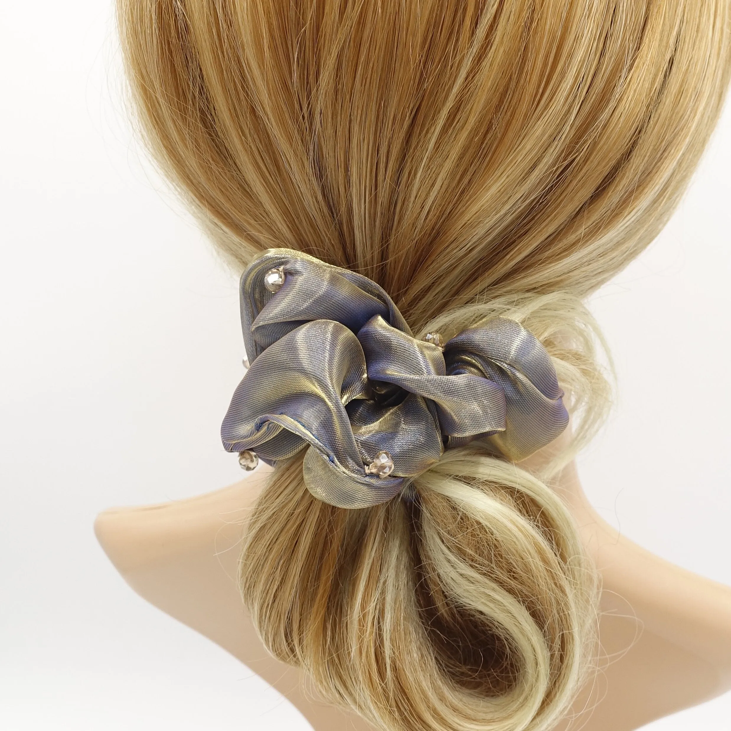 rhinestone sewn organza scrunchies iridescent hair elastic scrunchie for women