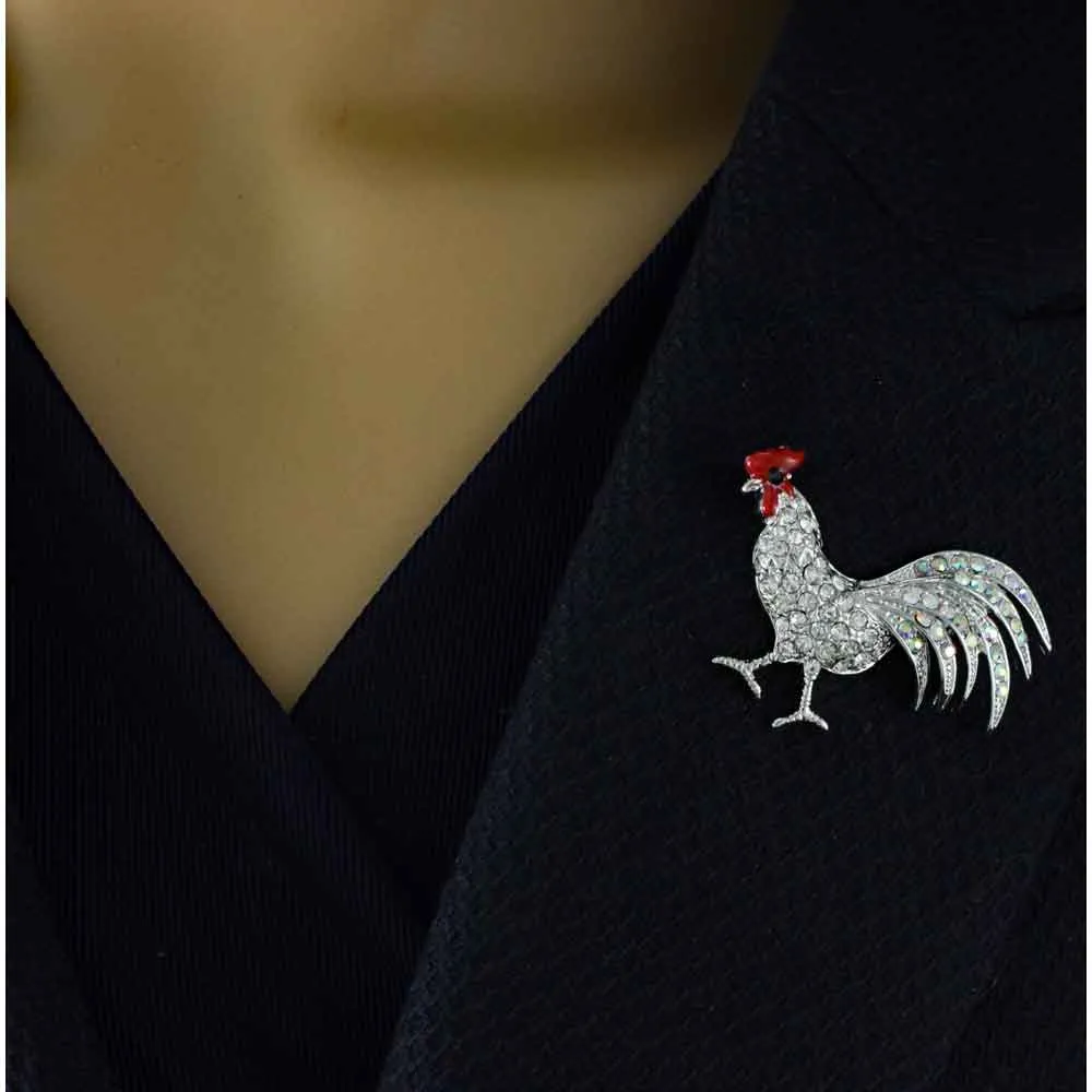 Rooster Brooch Pin with Clear Crystals - PRA509