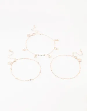 Rose Gold Figaro Diamante Flower Anklets 3-Pack