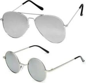 Round, Aviator Sunglasses (For Men & Women, Silver, Silver)