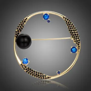 Round Blue Cubic Zirconia Stars and Black Pearl Earth Brooch -KFJB0105