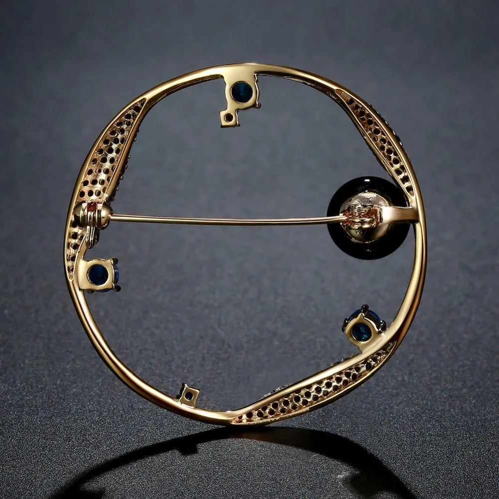 Round Blue Cubic Zirconia Stars and Black Pearl Earth Brooch -KFJB0105