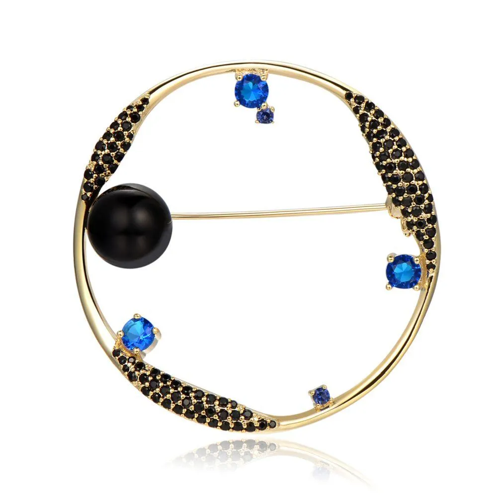 Round Blue Cubic Zirconia Stars and Black Pearl Earth Brooch -KFJB0105