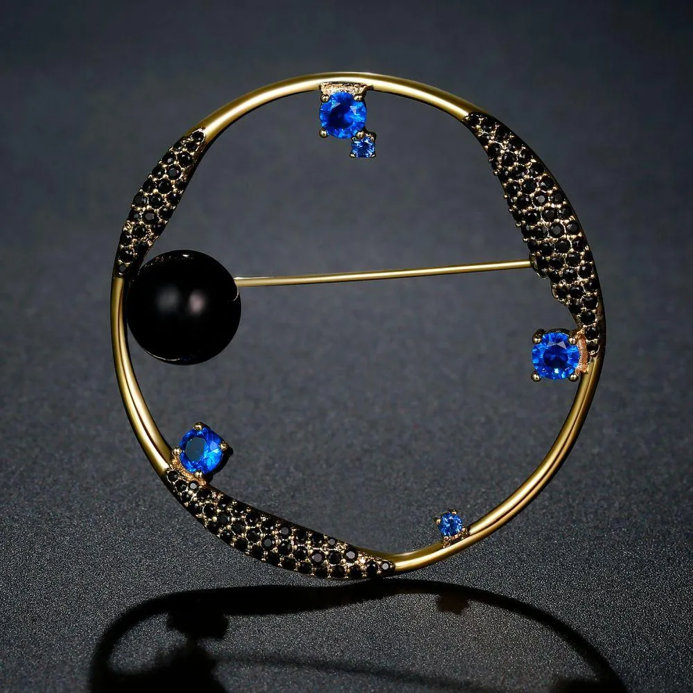 Round Blue Cubic Zirconia Stars and Black Pearl Earth Brooch -KFJB0105