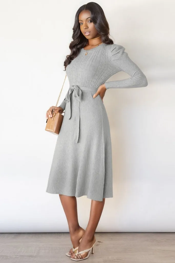 Round Neck Long Sleeve Tie Waist Sweater Dress