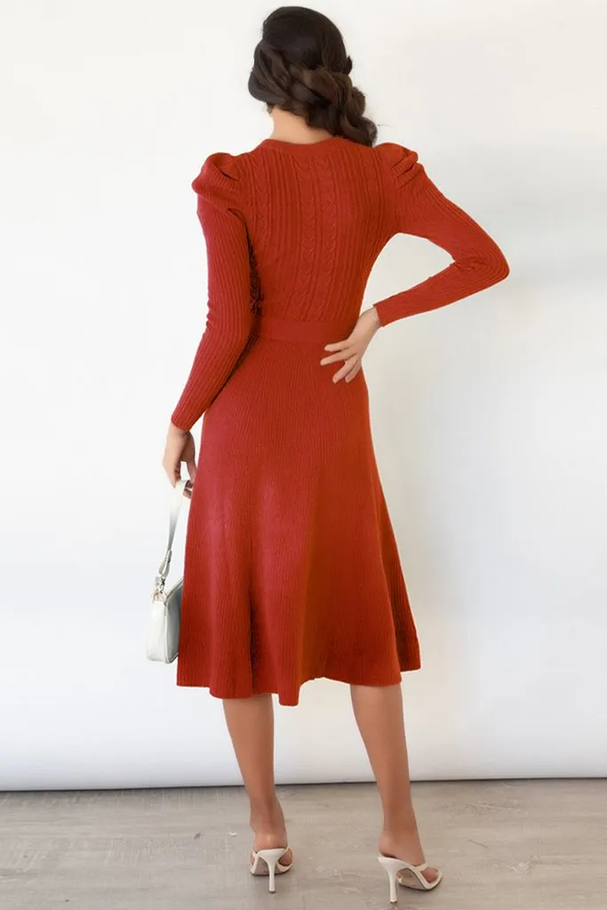 Round Neck Long Sleeve Tie Waist Sweater Dress