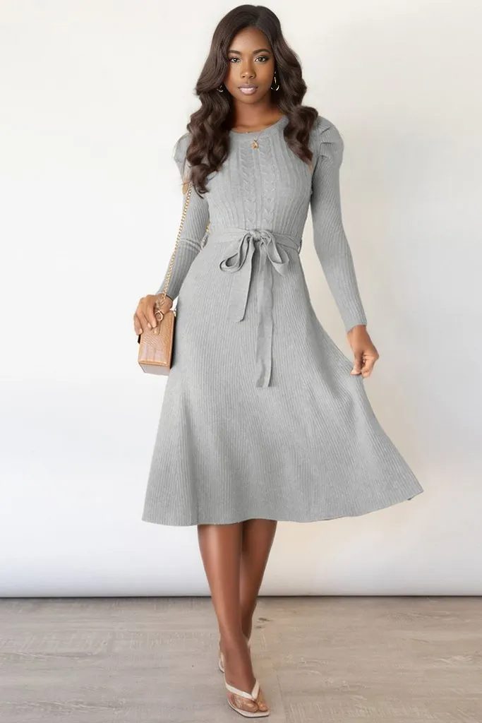 Round Neck Long Sleeve Tie Waist Sweater Dress
