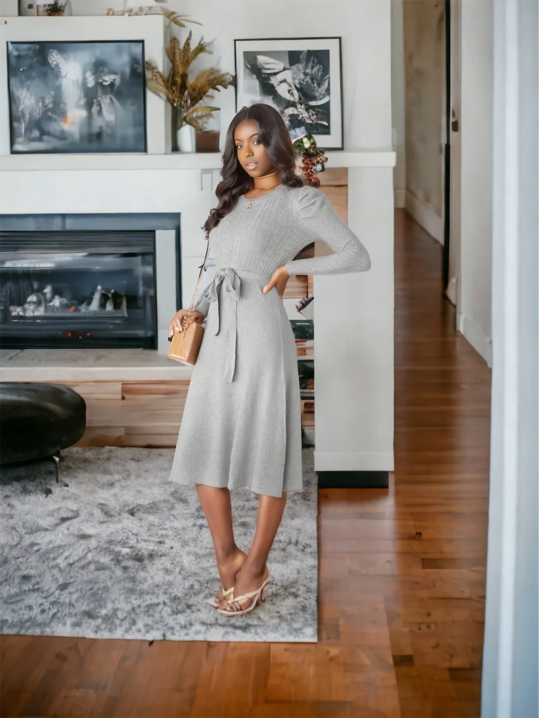 Round Neck Long Sleeve Tie Waist Sweater Dress